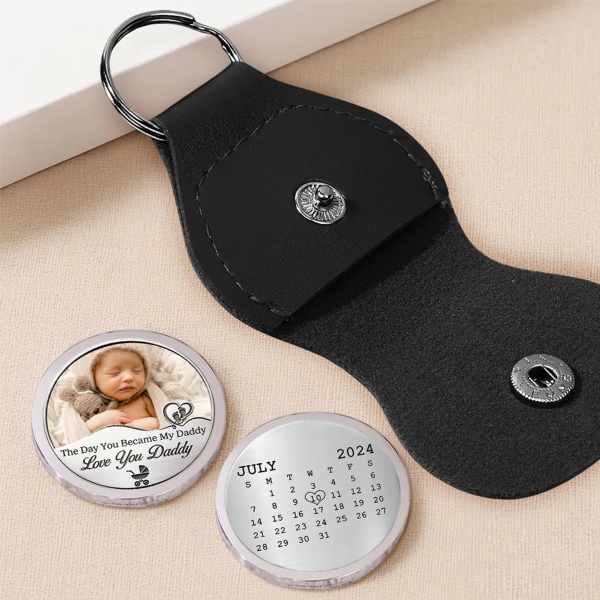Custom Photo Coin Keychain for Dad, Father's Day Birthday Keepsake • Baby Arrival Date 2 - Personalized Pocket Hug