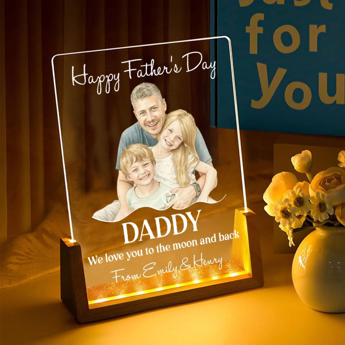 Custom Photo Father's Day Gift for Dad Grandpa • Love You To The Moon Daddy - Personalized Night Light