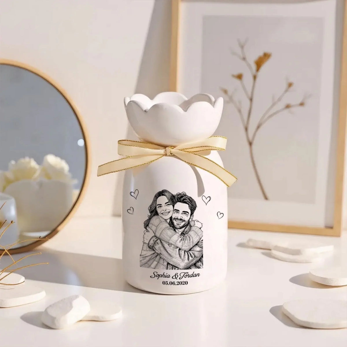 You And Me Pencil Sketch - Personalized Ribbon Tie Flower Vase