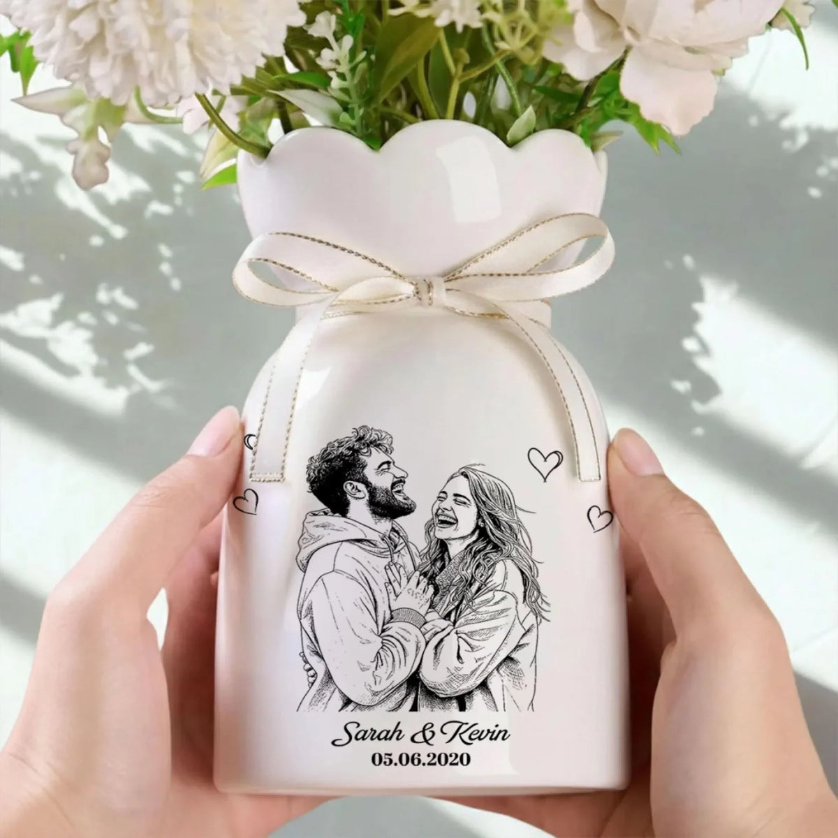 You And Me Pencil Sketch - Personalized Ribbon Tie Flower Vase