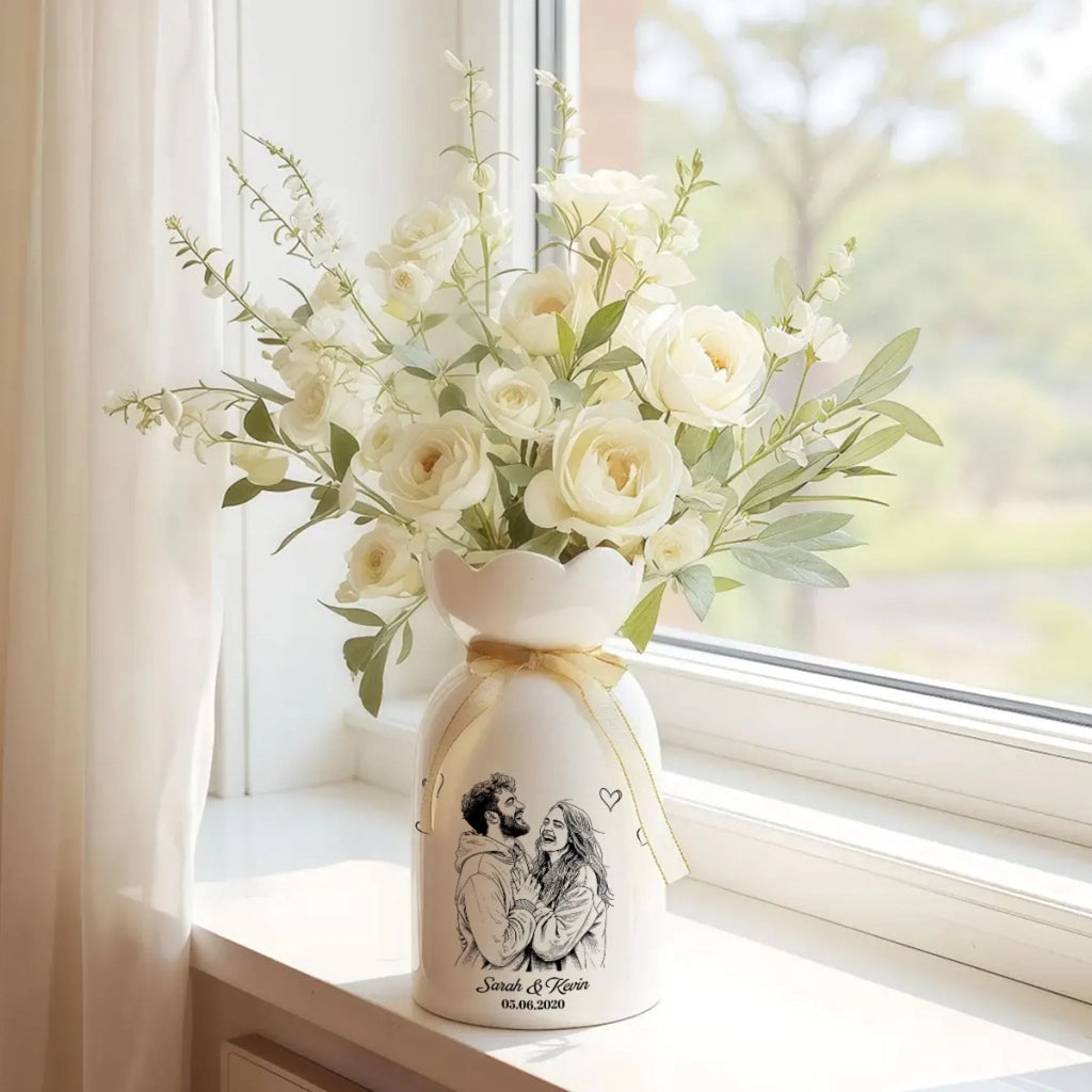 You And Me Pencil Sketch - Personalized Ribbon Tie Flower Vase