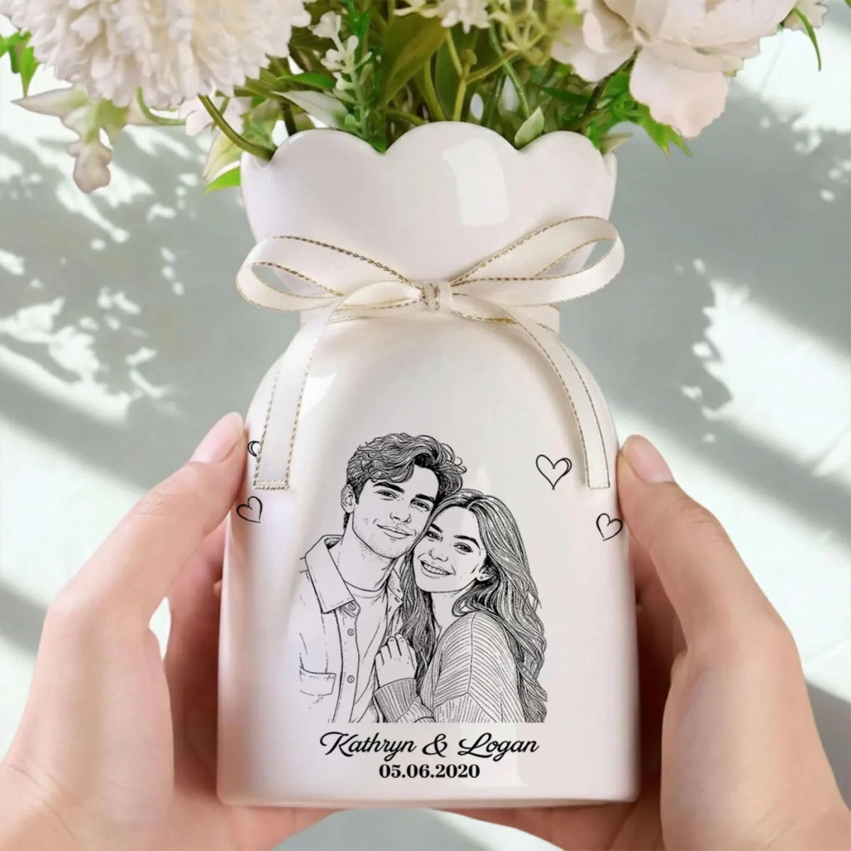 You And Me Pencil Sketch - Personalized Ribbon Tie Flower Vase