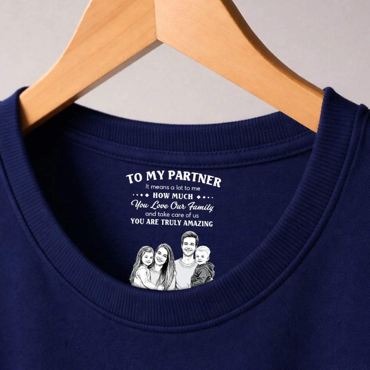Custom Photo Sketch Line Art Christmas Anniversary Keepsake Gifts For Husband • Means The World To Me - Personalized Inside Neck Print T-Shirt