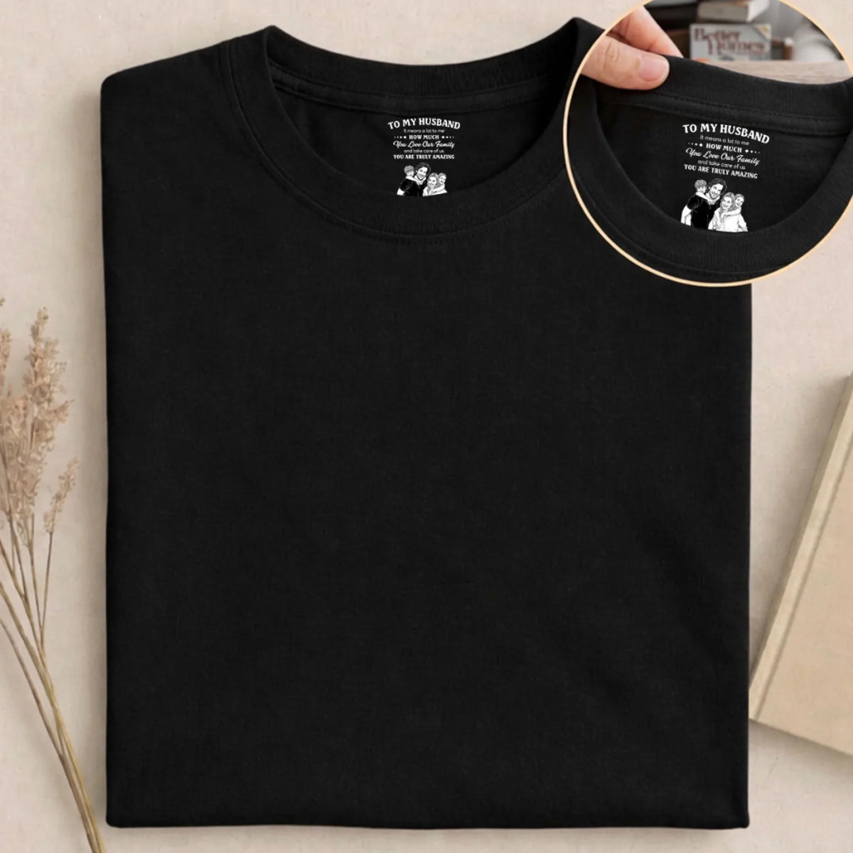 Custom Photo Sketch Line Art Christmas Anniversary Keepsake Gifts For Husband • Means The World To Me - Personalized Inside Neck Print T-Shirt