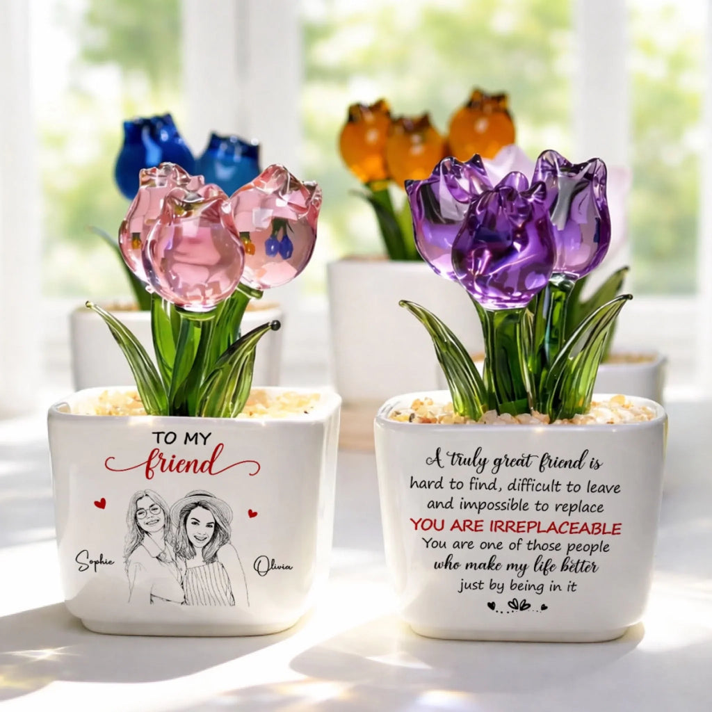 Custom Photo Sketch Line Art Flower Keepsake, Glass Home Decor Gift for Best Friend • Truly Great Friend - Personalized Glass Everlasting Tulips