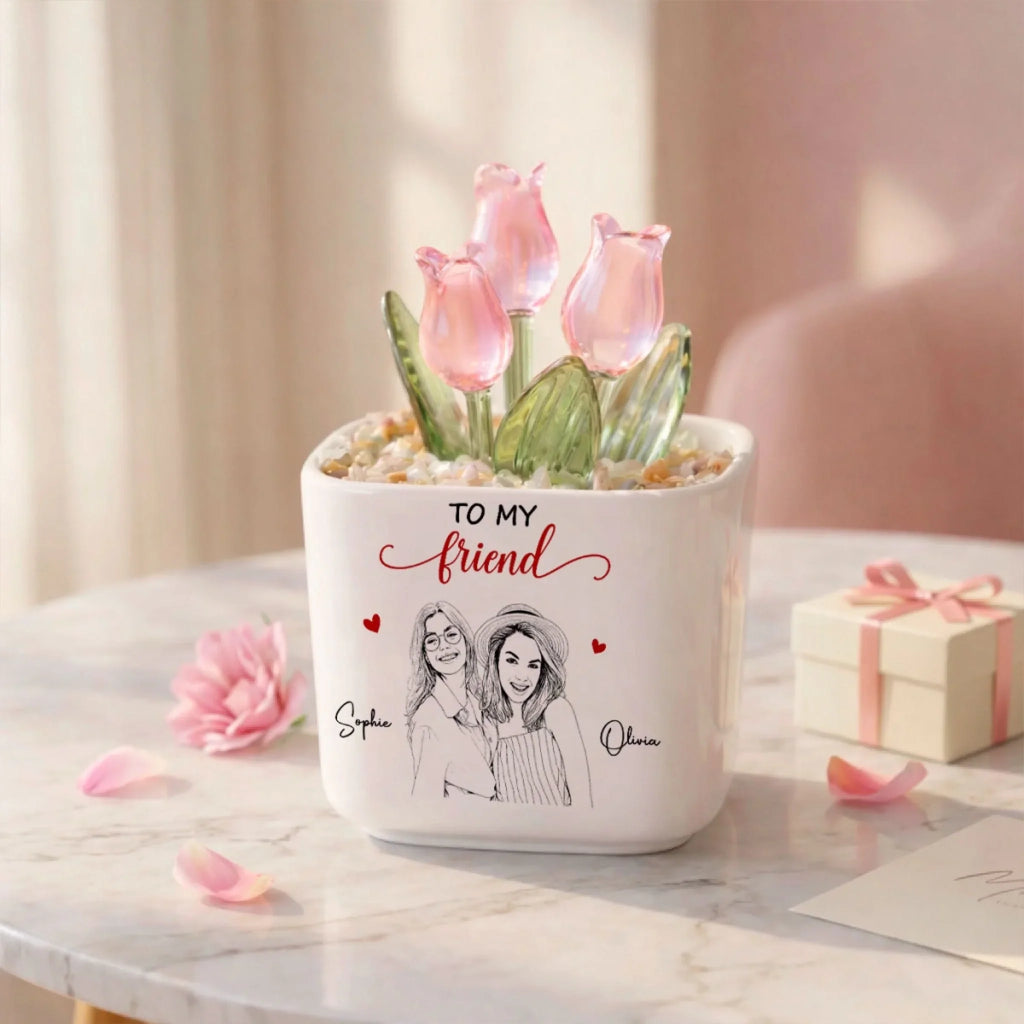 Custom Photo Sketch Line Art Flower Keepsake, Glass Home Decor Gift for Best Friend • Truly Great Friend - Personalized Glass Everlasting Tulips