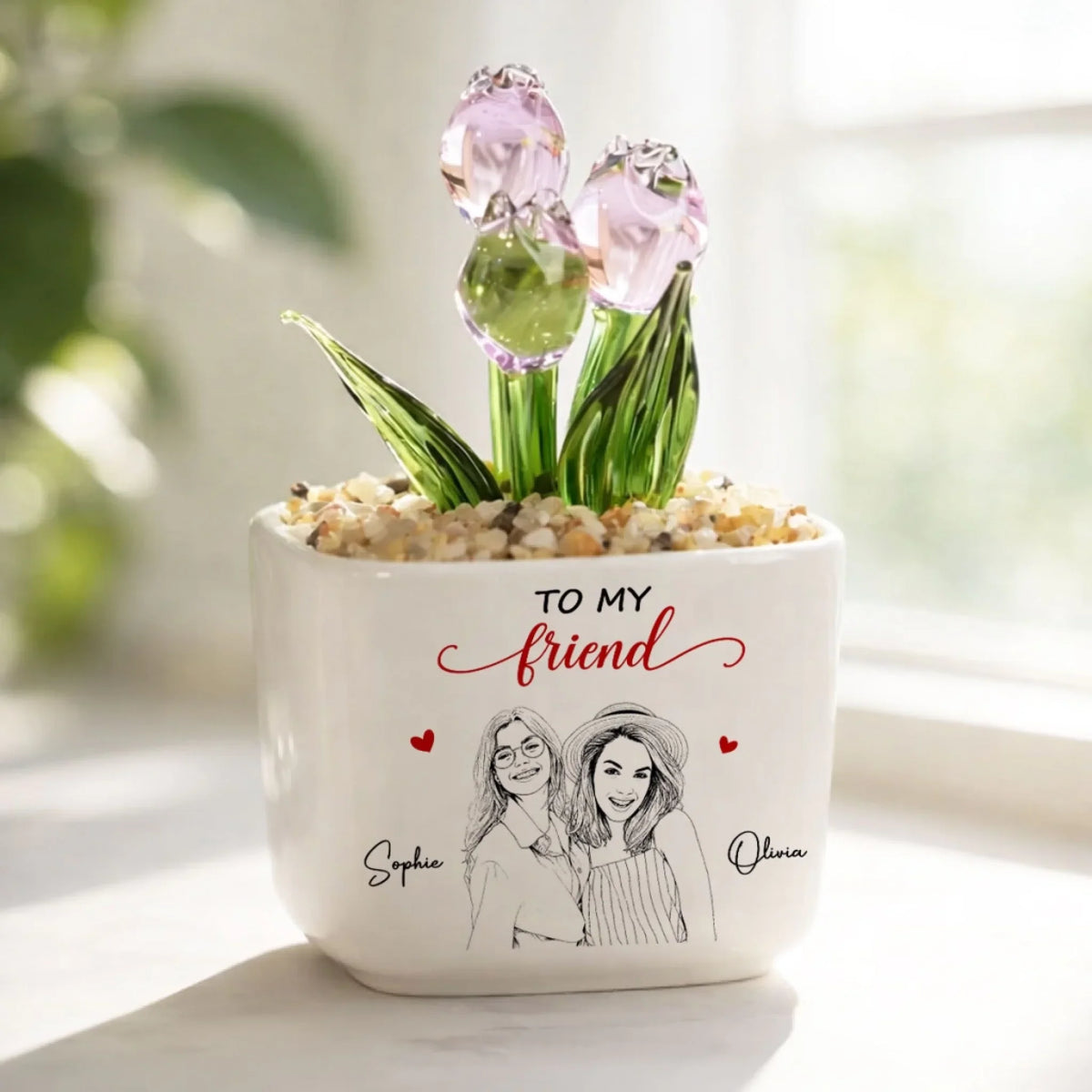 Custom Photo Sketch Line Art Flower Keepsake, Glass Home Decor Gift for Best Friend • Truly Great Friend - Personalized Glass Everlasting Tulips