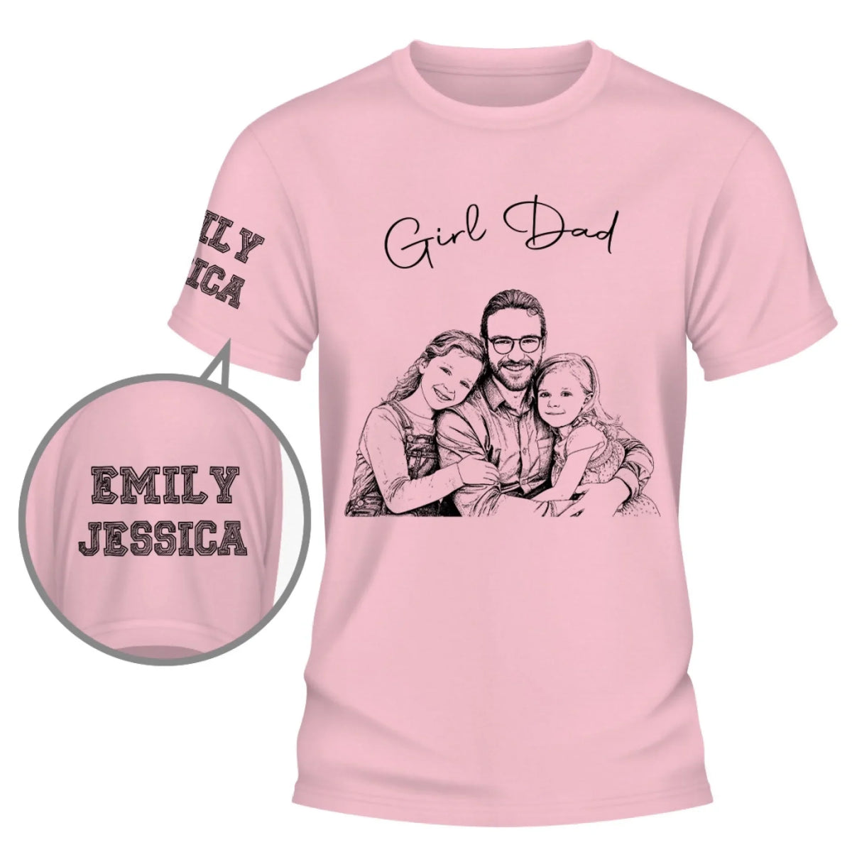 Custom Photo Sketch Line Art Christmas & Birthday Gift for Dad, Grandpa • Always A Girl Dad - Personalized Shirt With Design On Sleeve