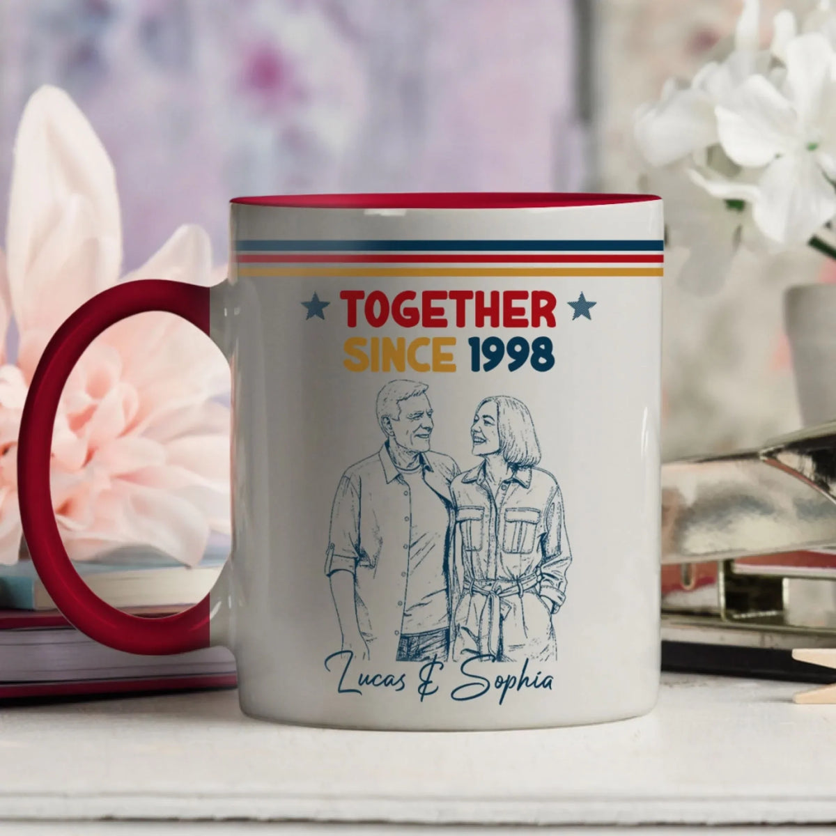 Custom Photo Anniversary Keepsake Gifts For Couple • Together Since Sketch Line Art Retro - Personalized Accent Mug