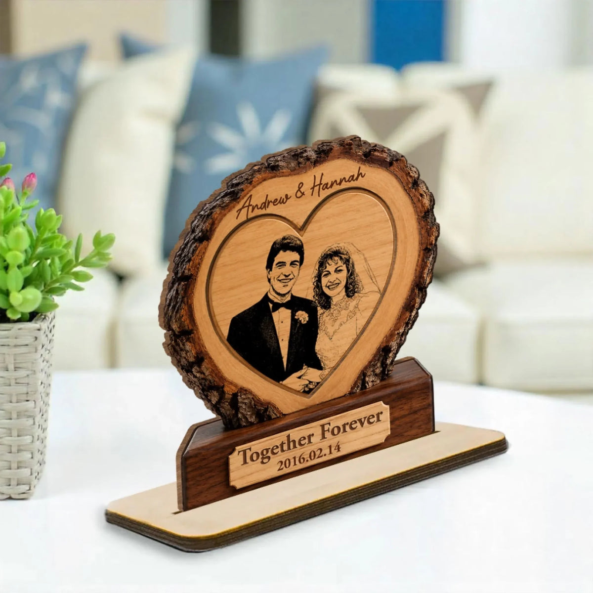 Custom Couple's Decor, Anniversary & Wedding Gift • Happily Ever After - Personalized 2-Layer Wood Plaque With Flat Base
