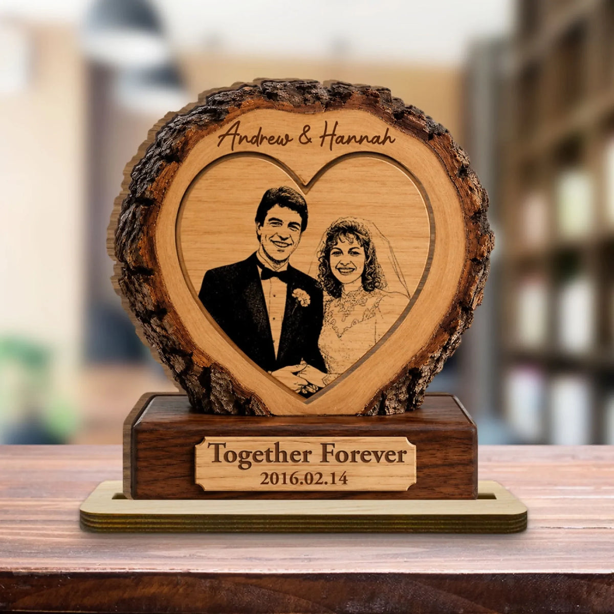 Custom Couple's Decor, Anniversary & Wedding Gift • Happily Ever After - Personalized 2-Layer Wood Plaque With Flat Base