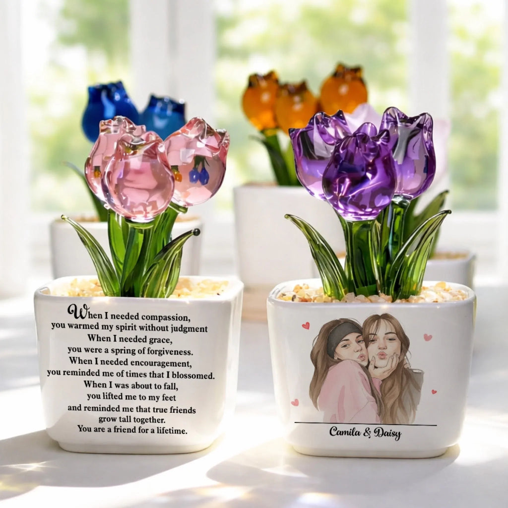 Custom Photo Flower Keepsake, Glass Home Decor Gift for Best Friend • Friends Grow Together - Personalized Glass Everlasting Tulips