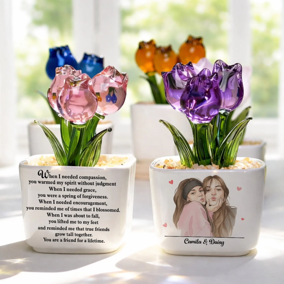 Custom Photo Flower Keepsake, Glass Home Decor Gift for Best Friend • Friends Grow Together - Personalized Glass Everlasting Tulips