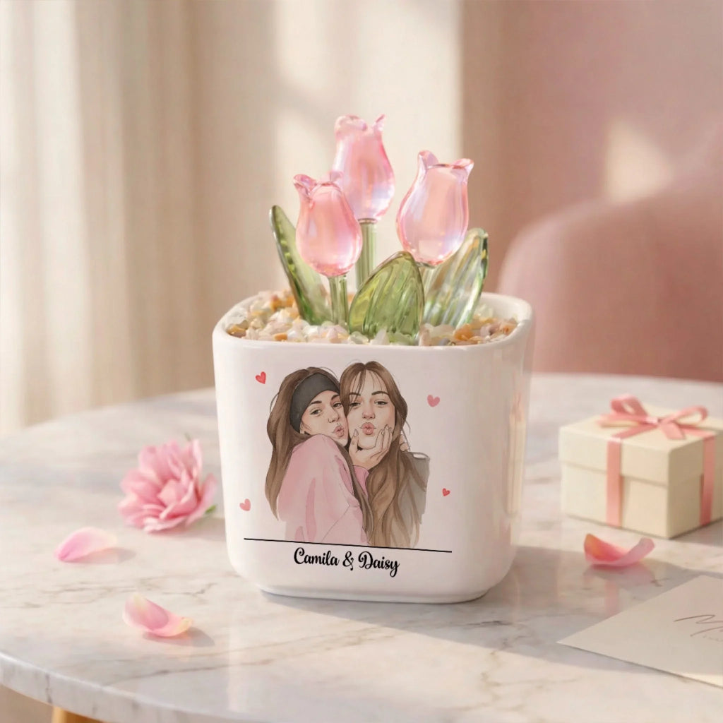 Custom Photo Flower Keepsake, Glass Home Decor Gift for Best Friend • Friends Grow Together - Personalized Glass Everlasting Tulips