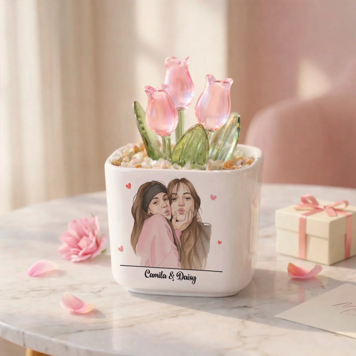 Custom Photo Flower Keepsake, Glass Home Decor Gift for Best Friend • Friends Grow Together - Personalized Glass Everlasting Tulips