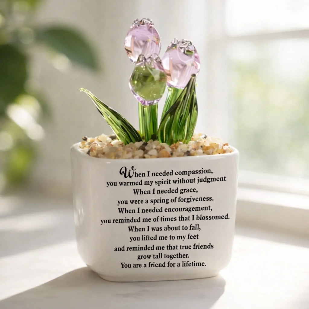 Custom Photo Flower Keepsake, Glass Home Decor Gift for Best Friend • Friends Grow Together - Personalized Glass Everlasting Tulips