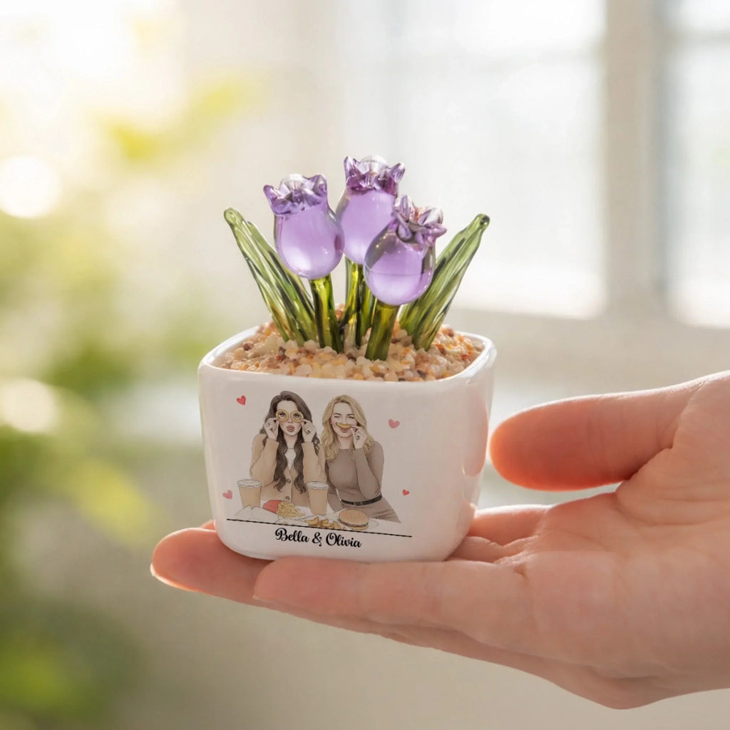Custom Photo Flower Keepsake, Glass Home Decor Gift for Best Friend • Friends Grow Together - Personalized Glass Everlasting Tulips