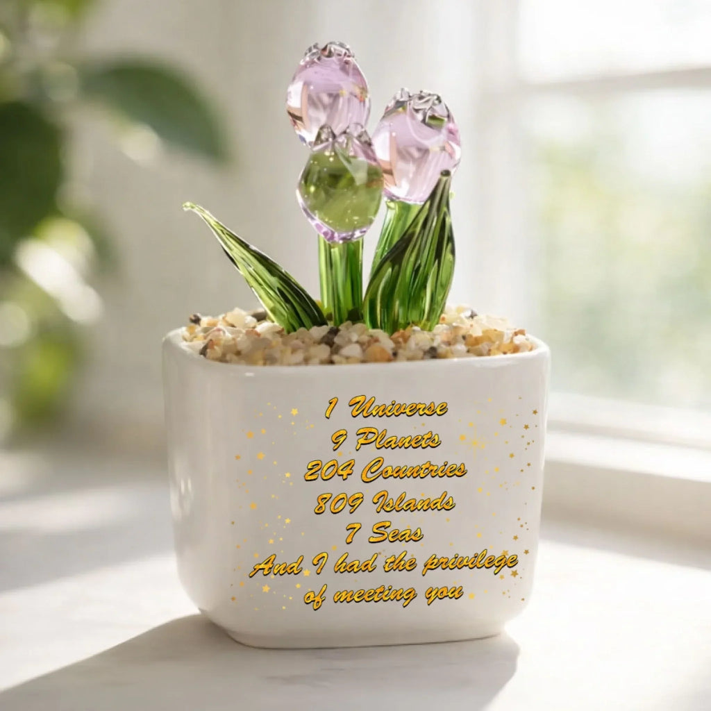 Custom Photo Sketch Line Art Glass Flower Keepsake, Romantic Anniversary Gift for Wife • Lucky To Meet You - Personalized Glass Everlasting Tulips