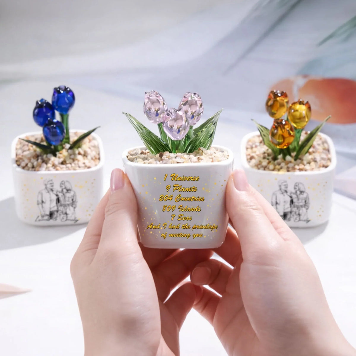 Custom Photo Sketch Line Art Glass Flower Keepsake, Romantic Anniversary Gift for Wife • Lucky To Meet You - Personalized Glass Everlasting Tulips