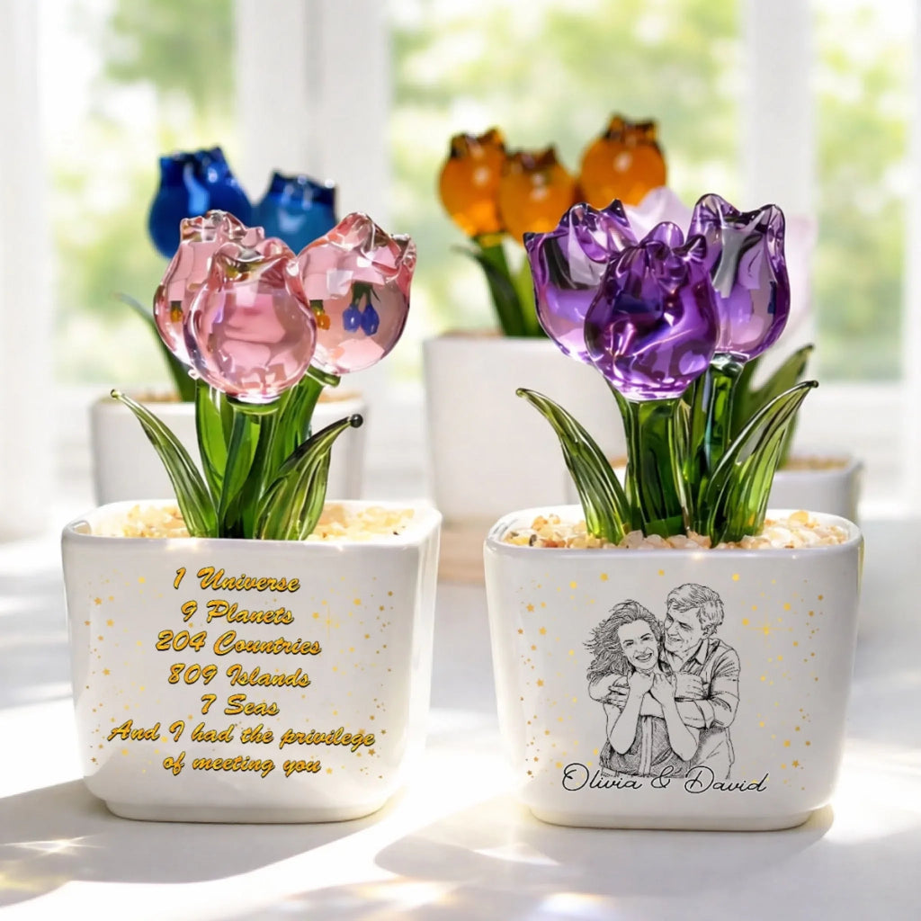 Custom Photo Sketch Line Art Glass Flower Keepsake, Romantic Anniversary Gift for Wife • Lucky To Meet You - Personalized Glass Everlasting Tulips