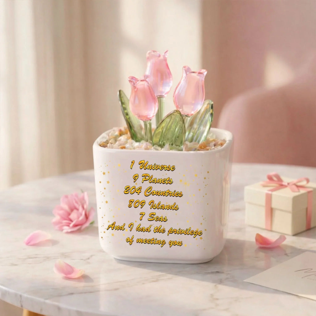Custom Photo Sketch Line Art Glass Flower Keepsake, Romantic Anniversary Gift for Wife • Lucky To Meet You - Personalized Glass Everlasting Tulips