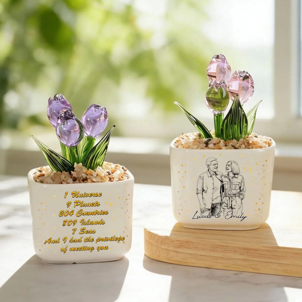 Custom Photo Sketch Line Art Glass Flower Keepsake, Romantic Anniversary Gift for Wife • Lucky To Meet You - Personalized Glass Everlasting Tulips