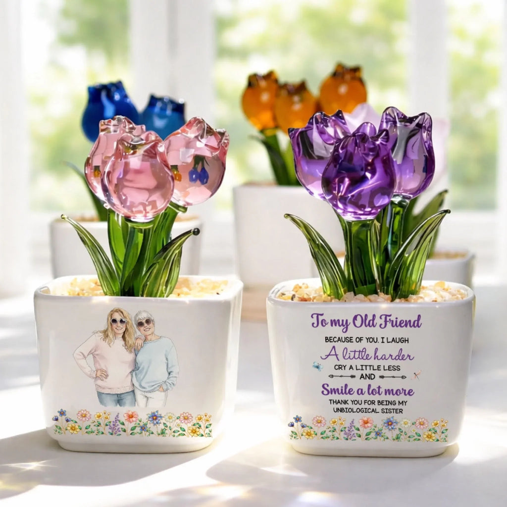 Custom Photo Flower Keepsake, Glass Home Decor Gift for Best Friend • Cry A Little Less And Smile More Ver 3 - Personalized Glass Everlasting Tulips