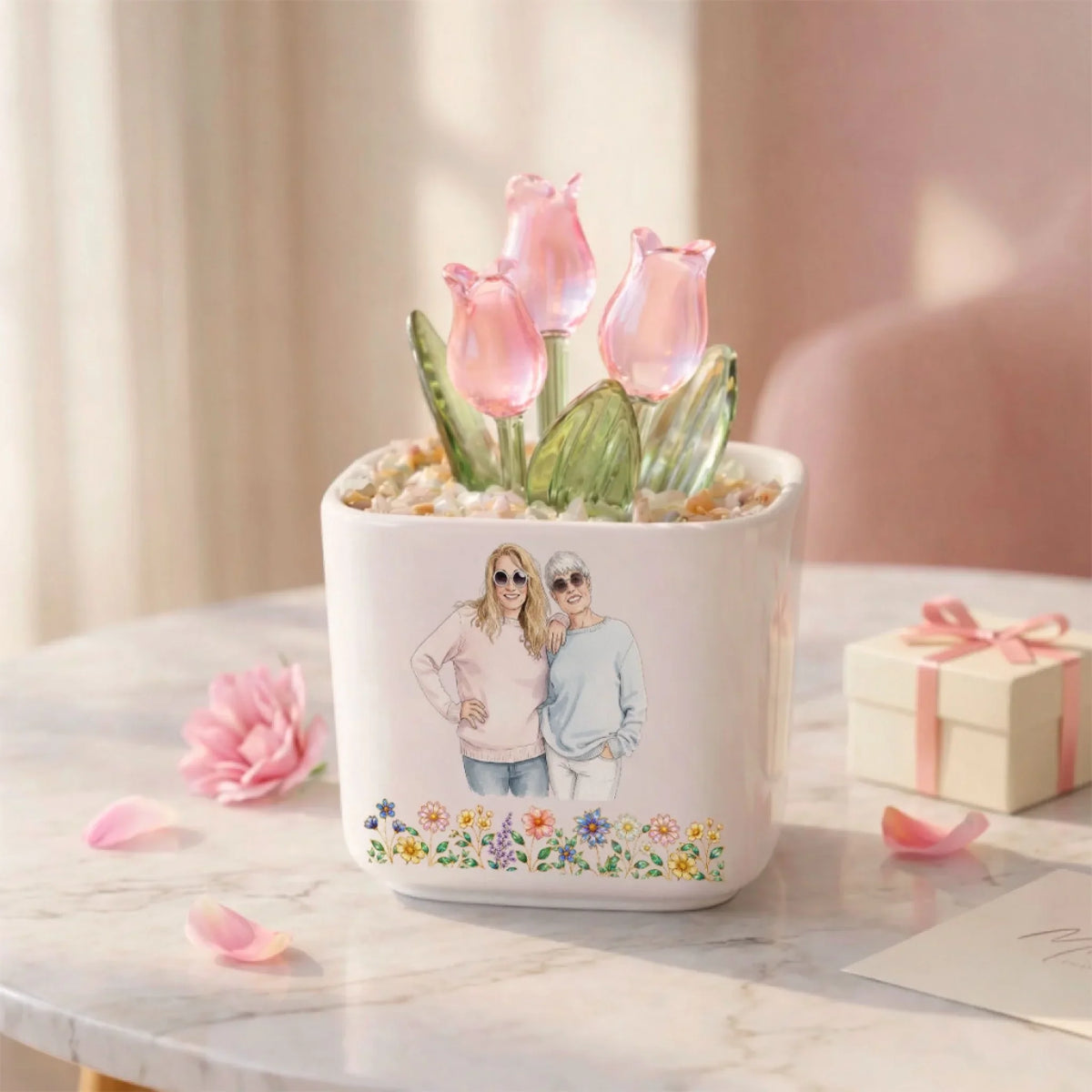 Custom Photo Flower Keepsake, Glass Home Decor Gift for Best Friend • Cry A Little Less And Smile More Ver 3 - Personalized Glass Everlasting Tulips