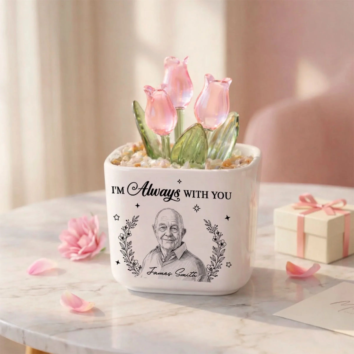 Custom Photo Sketch Line Art Flower Keepsake, Meaningful Glass Home Decor Gift • I Am Always With You - Personalized Glass Everlasting Tulips