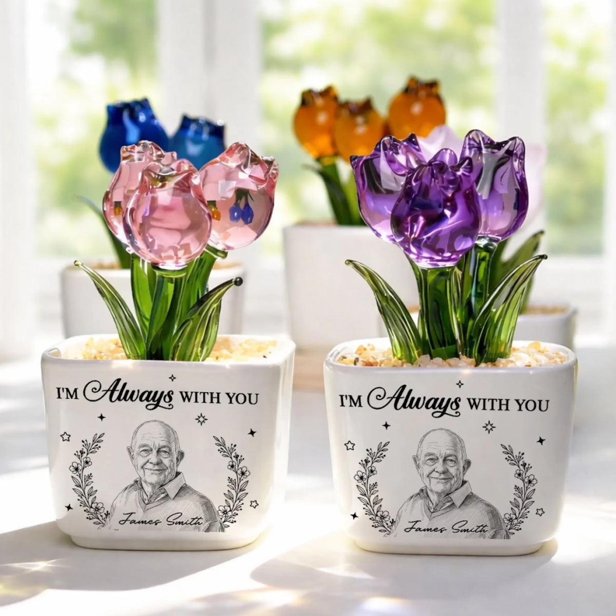 Custom Photo Sketch Line Art Flower Keepsake, Meaningful Glass Home Decor Gift • I Am Always With You - Personalized Glass Everlasting Tulips