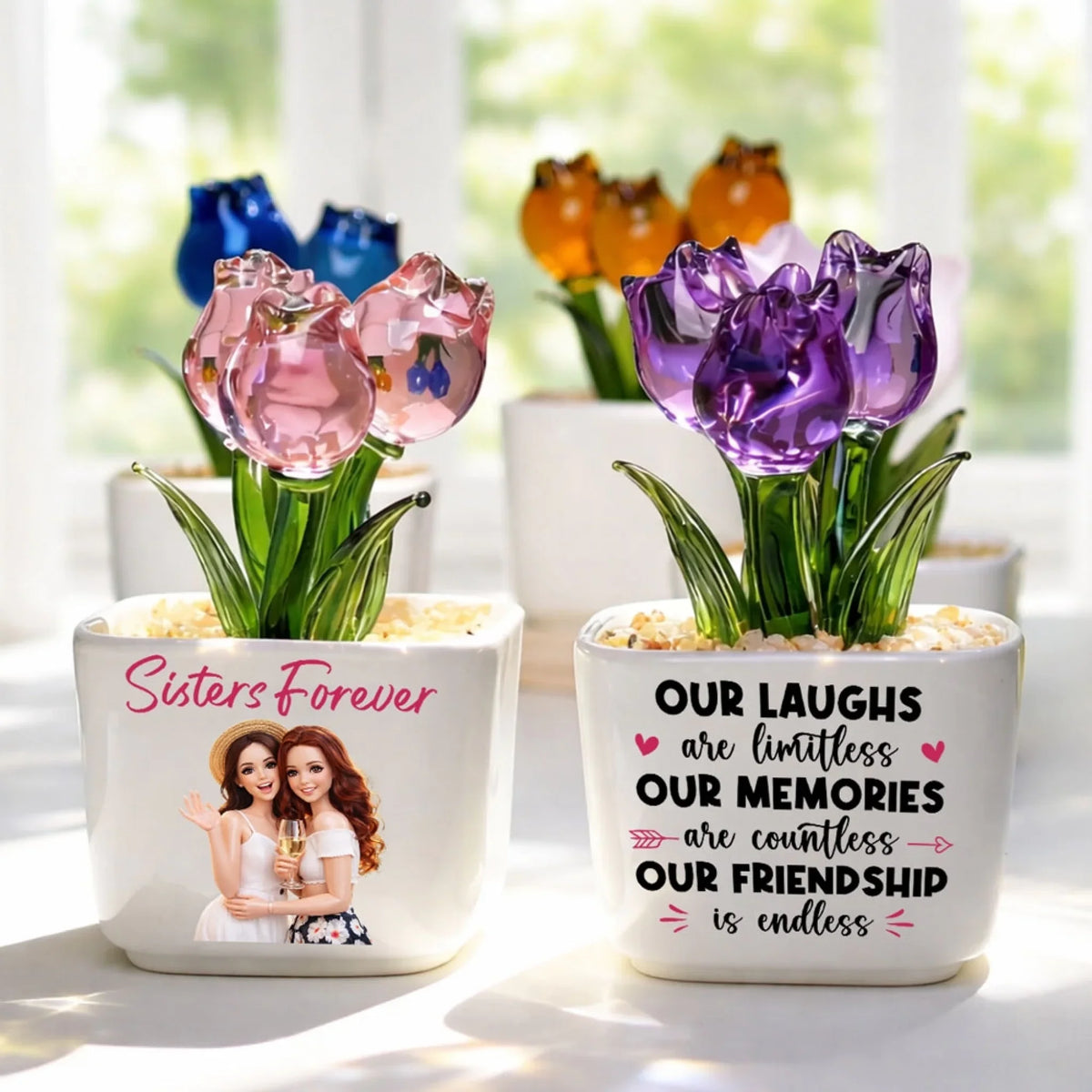 Custom Photo Flower Keepsake, Glass Home Decor Gift for Best Friend • Soul Sisters - Personalized Glass Everlasting Tulips