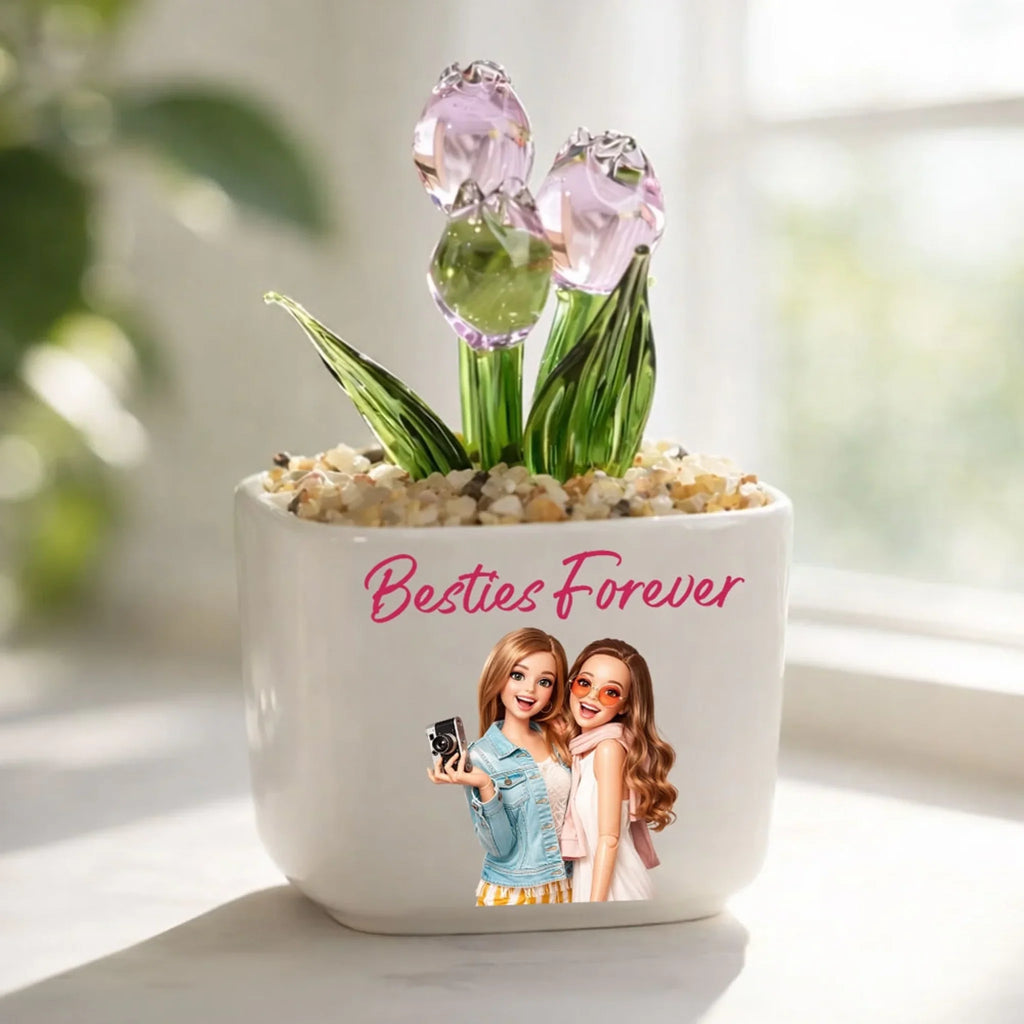 Custom Photo Flower Keepsake, Glass Home Decor Gift for Best Friend • Soul Sisters - Personalized Glass Everlasting Tulips