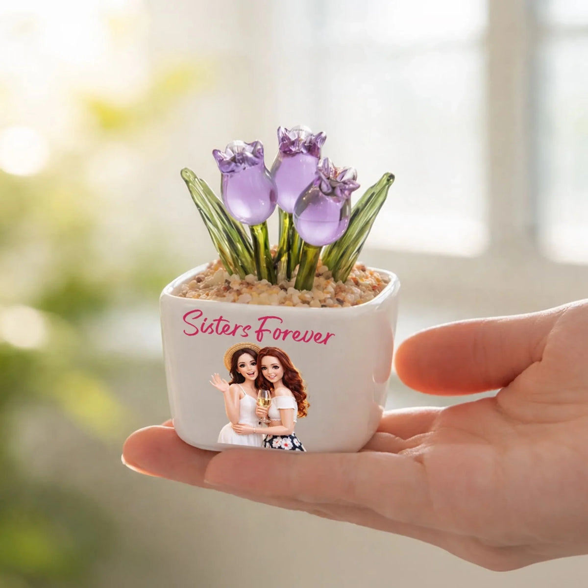 Custom Photo Flower Keepsake, Glass Home Decor Gift for Best Friend • Soul Sisters - Personalized Glass Everlasting Tulips