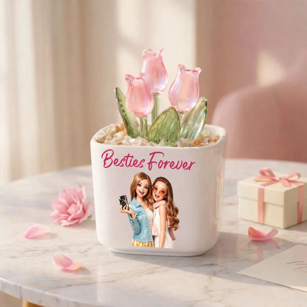 Custom Photo Flower Keepsake, Glass Home Decor Gift for Best Friend • Soul Sisters - Personalized Glass Everlasting Tulips