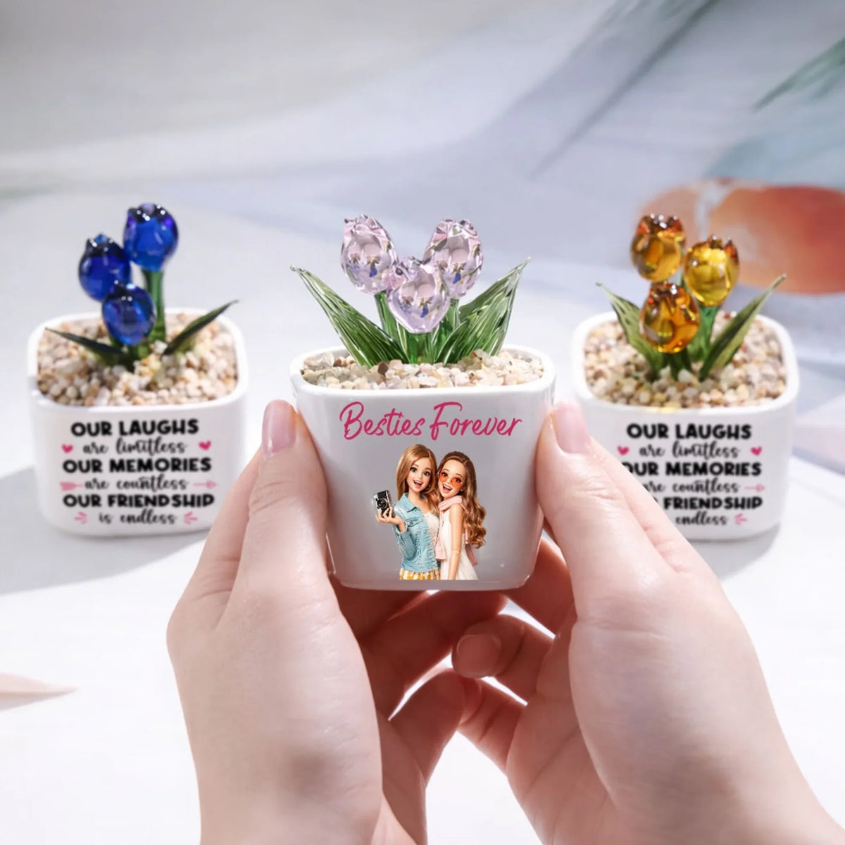 Custom Photo Flower Keepsake, Glass Home Decor Gift for Best Friend • Soul Sisters - Personalized Glass Everlasting Tulips