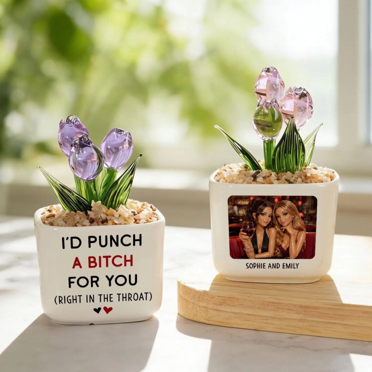 Custom Photo Flower Keepsake, Glass Home Decor Gift for Best Friend • Punch For You Doll Version - Personalized Glass Everlasting Tulips