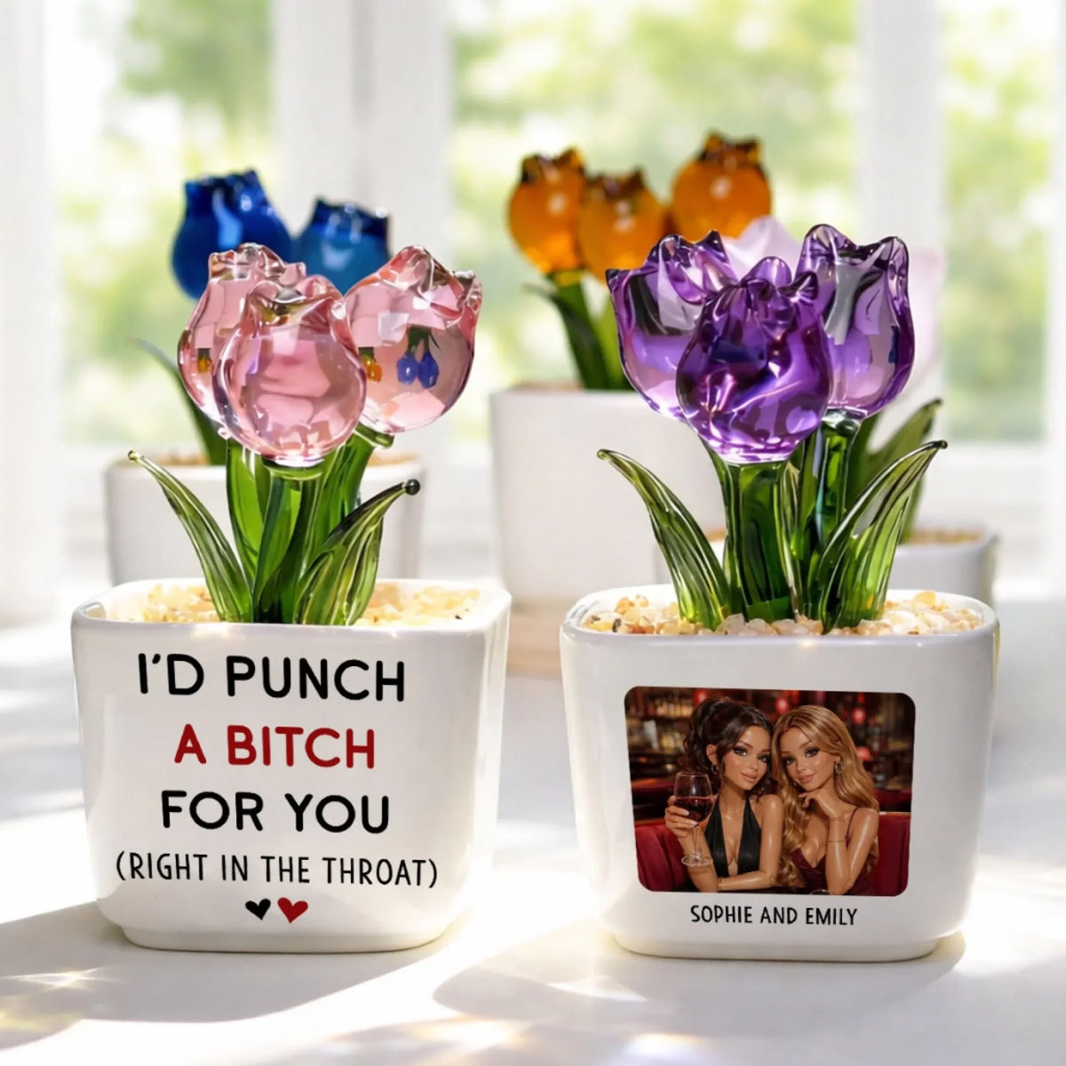Custom Photo Flower Keepsake, Glass Home Decor Gift for Best Friend • Punch For You Doll Version - Personalized Glass Everlasting Tulips