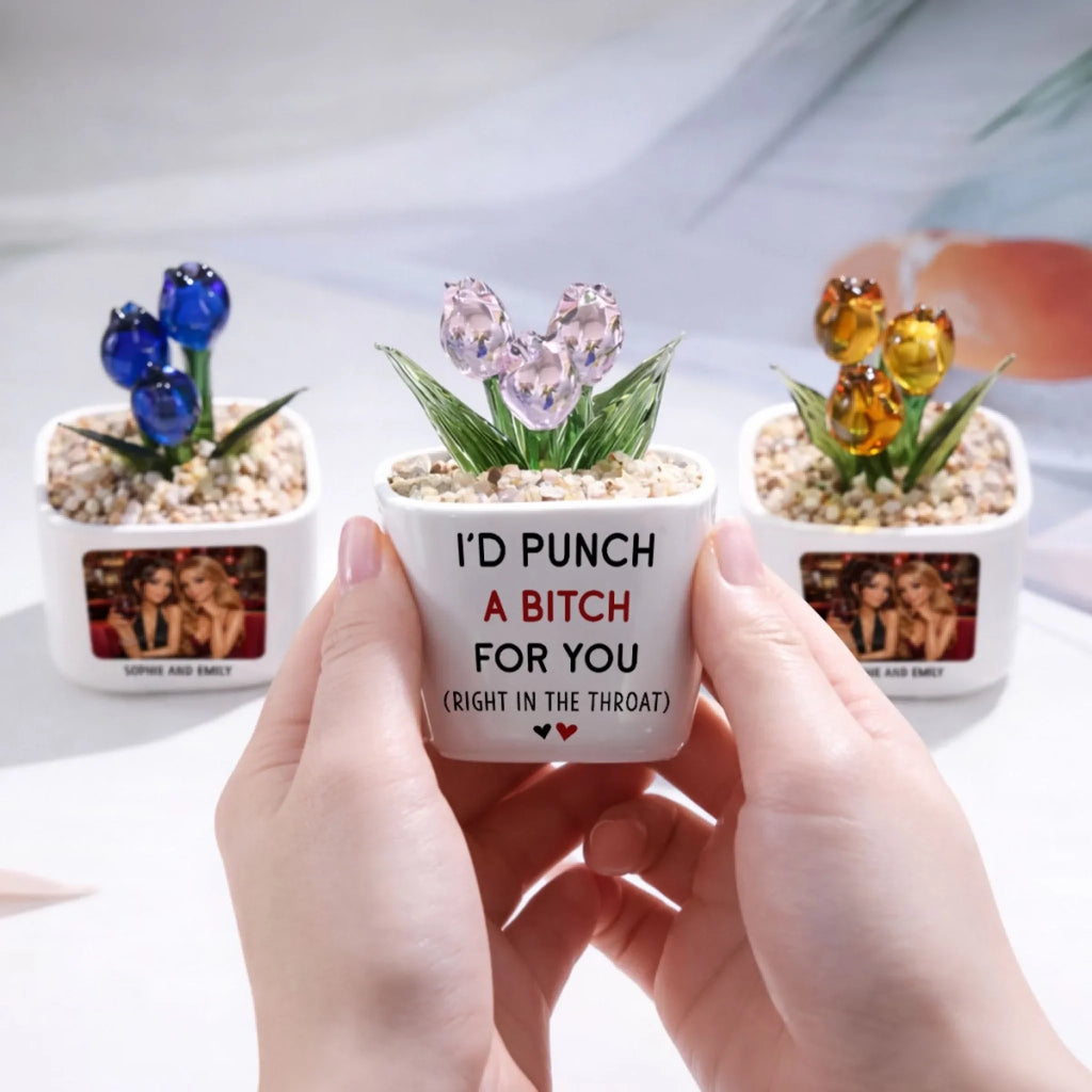 Custom Photo Flower Keepsake, Glass Home Decor Gift for Best Friend • Punch For You Doll Version - Personalized Glass Everlasting Tulips