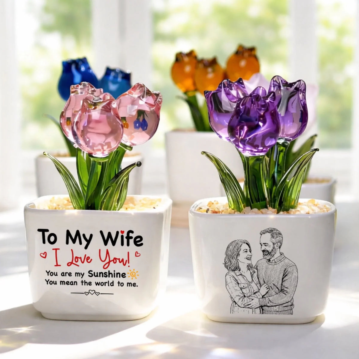 Custom Photo Glass Flower Keepsake, Romantic Anniversary Gift for Wife • My Sunshine - Personalized Glass Everlasting Tulips