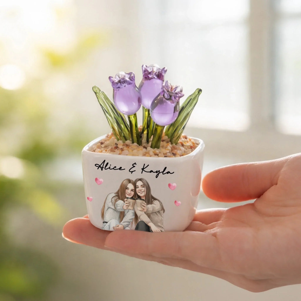 Custom Photo Flower Keepsake, Glass Home Decor Gift for Best Friend • My Favorite One - Personalized Glass Everlasting Tulips