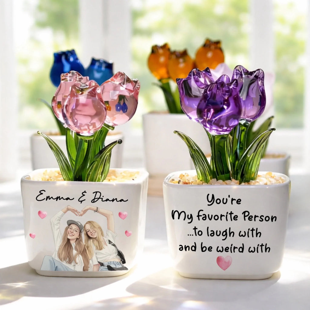 Custom Photo Flower Keepsake, Glass Home Decor Gift for Best Friend • My Favorite One - Personalized Glass Everlasting Tulips