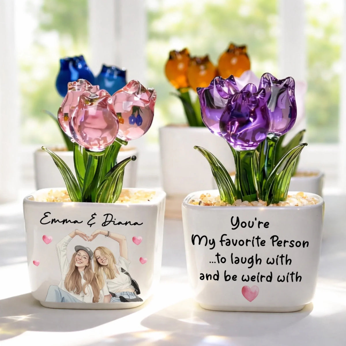 Custom Photo Flower Keepsake, Glass Home Decor Gift for Best Friend • My Favorite One - Personalized Glass Everlasting Tulips
