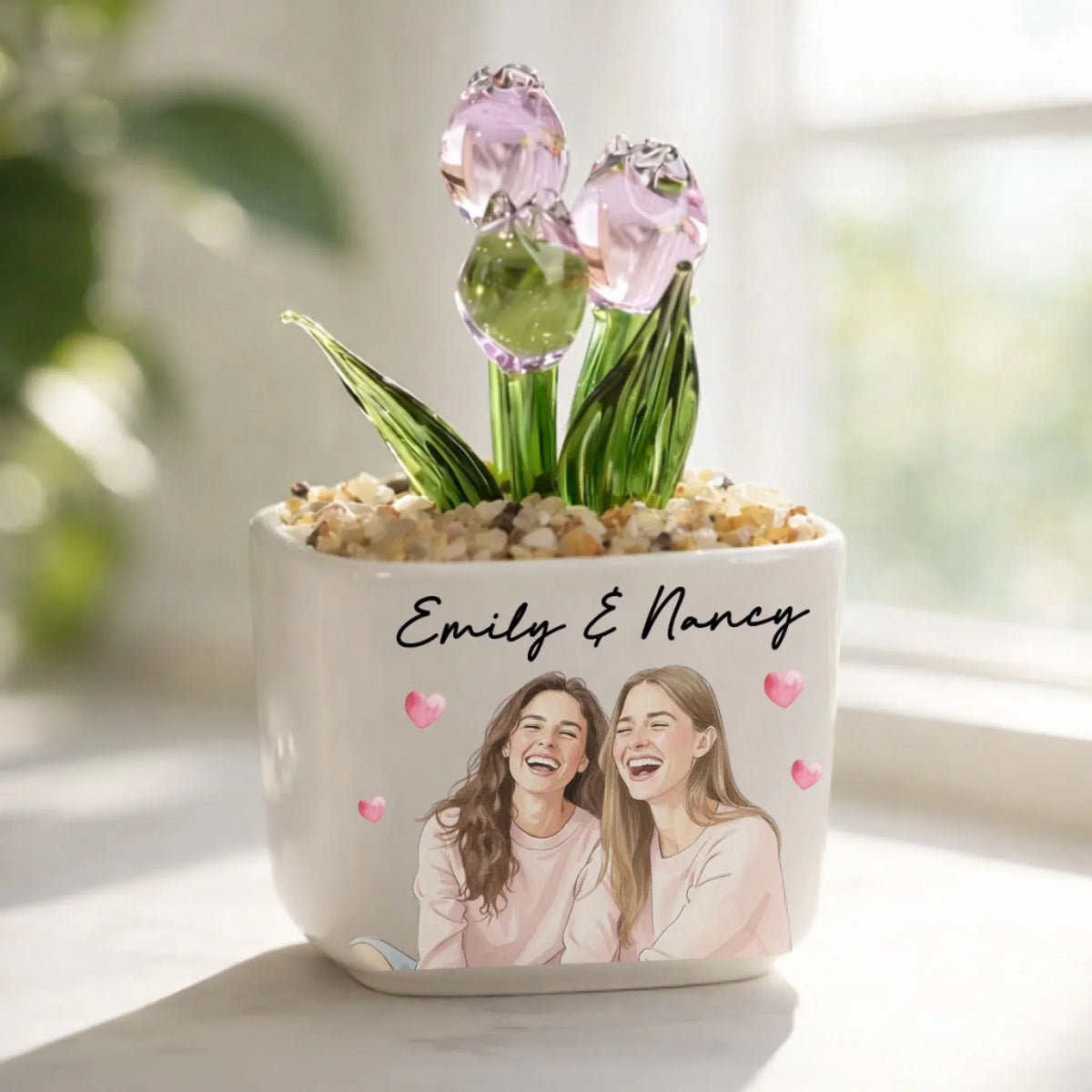 Custom Photo Flower Keepsake, Glass Home Decor Gift for Best Friend • My Favorite One - Personalized Glass Everlasting Tulips