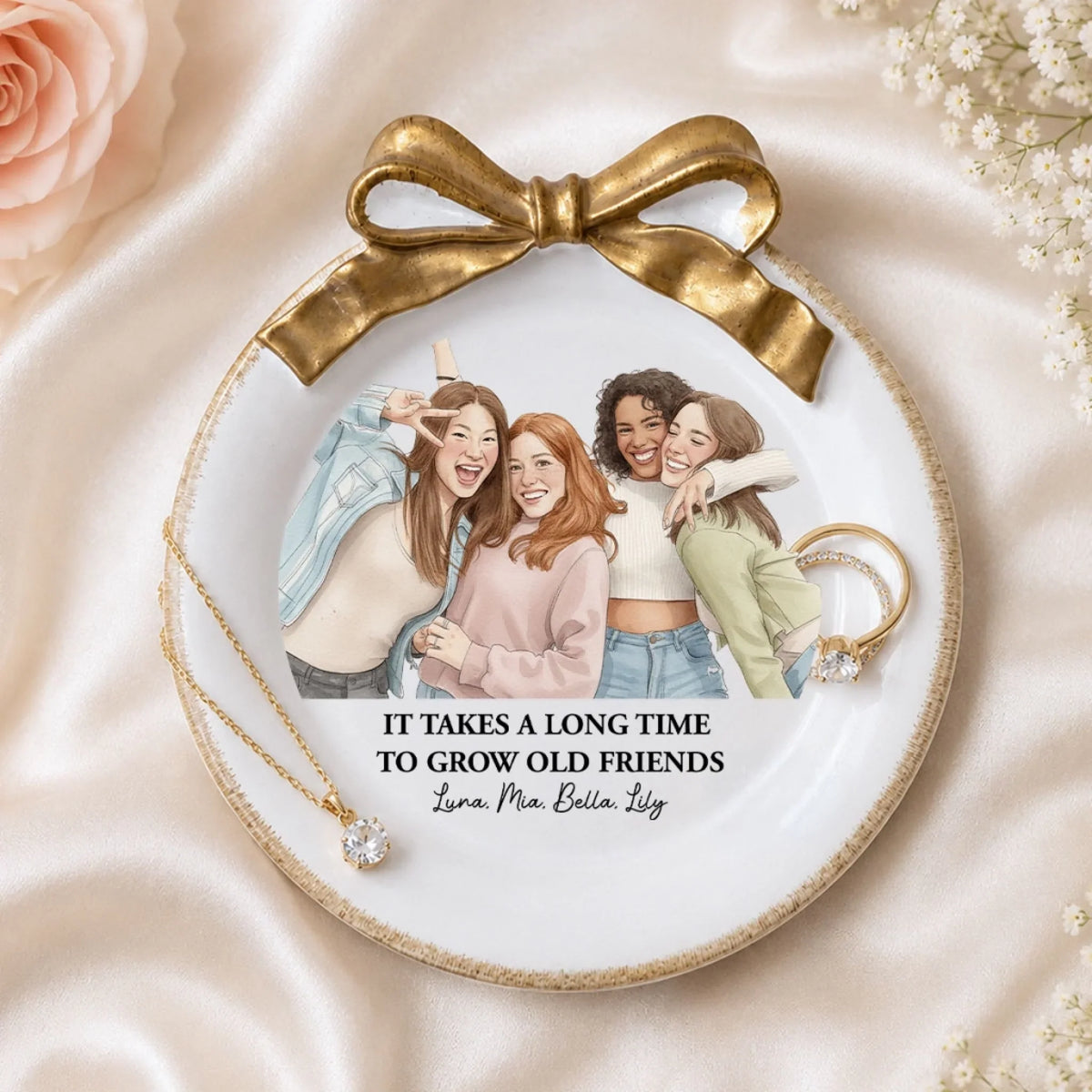 Custom Photo Watercolor Ribbon Trinket Dish, Best Friend Gift For Bestie • Friends Forever - Personalized Bow Jewelry Dish