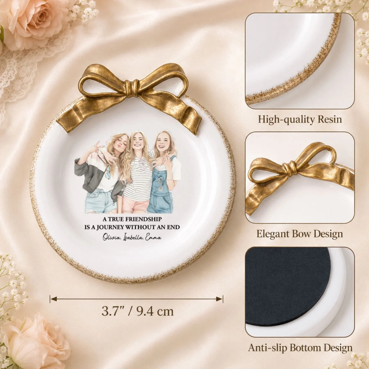 Custom Photo Watercolor Ribbon Trinket Dish, Best Friend Gift For Bestie • Friends Forever - Personalized Bow Jewelry Dish