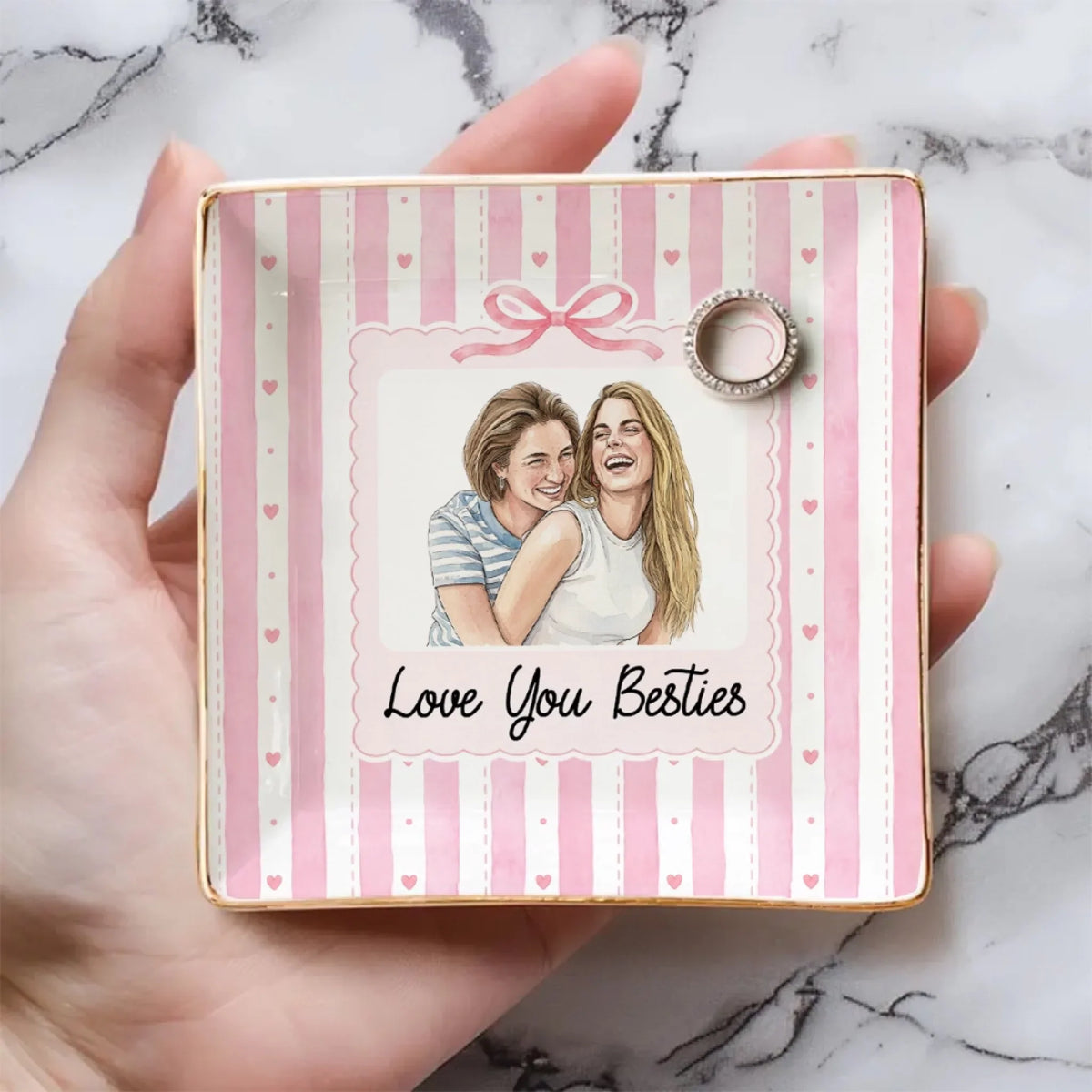 Custom Photo Watercolor Trinket Dish, Best Friend Gift For Bestie • Our Friendship Forever Treasured - Personalized Jewelry Dish