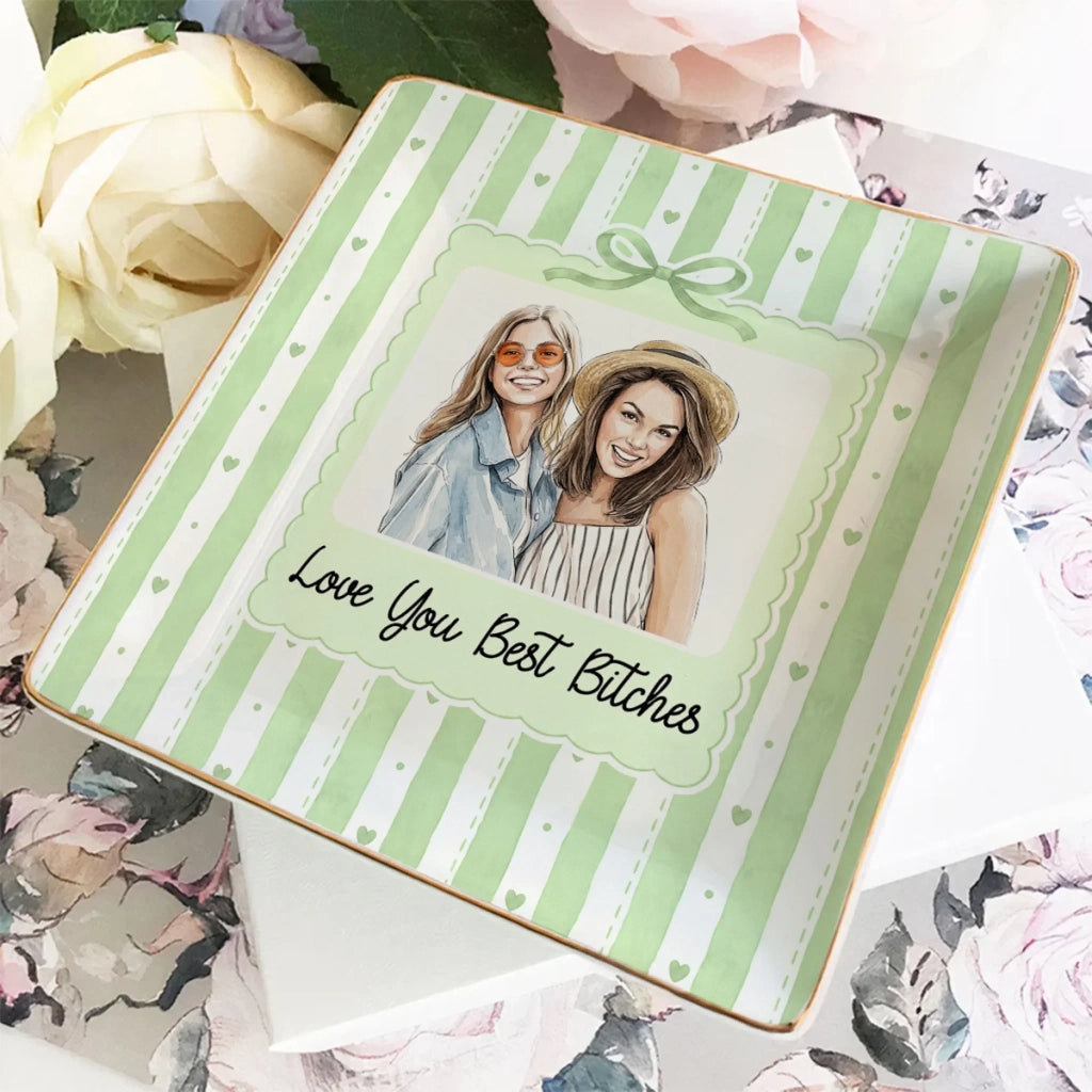 Custom Photo Watercolor Trinket Dish, Best Friend Gift For Bestie • Our Friendship Forever Treasured - Personalized Jewelry Dish