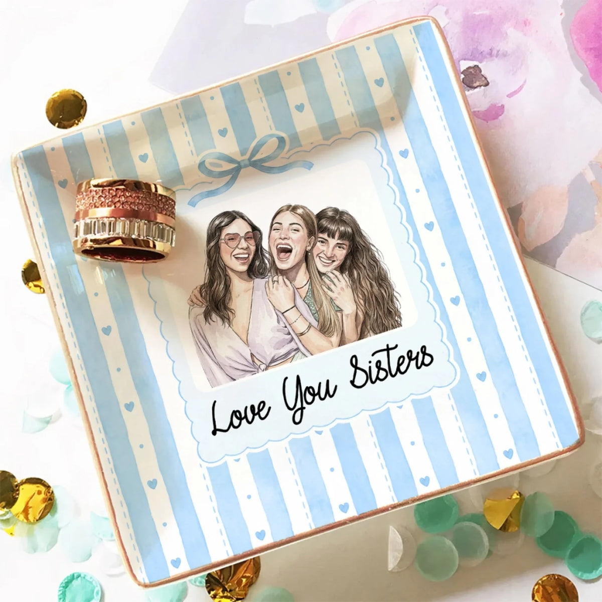 Custom Photo Watercolor Trinket Dish, Best Friend Gift For Bestie • Our Friendship Forever Treasured - Personalized Jewelry Dish