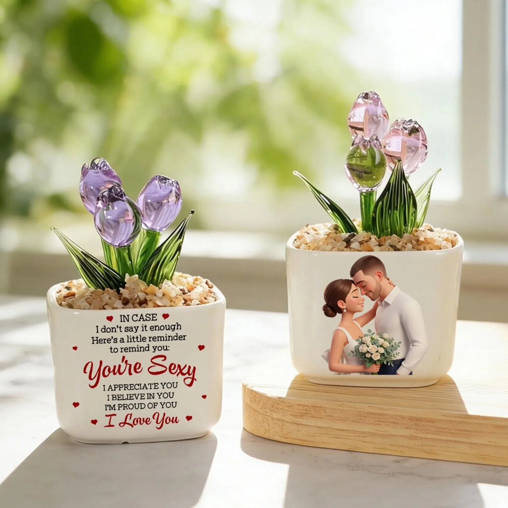 Custom Photo Glass Flower Keepsake, Romantic Anniversary Gift for Wife • My Favorite Human - Personalized Glass Everlasting Tulips