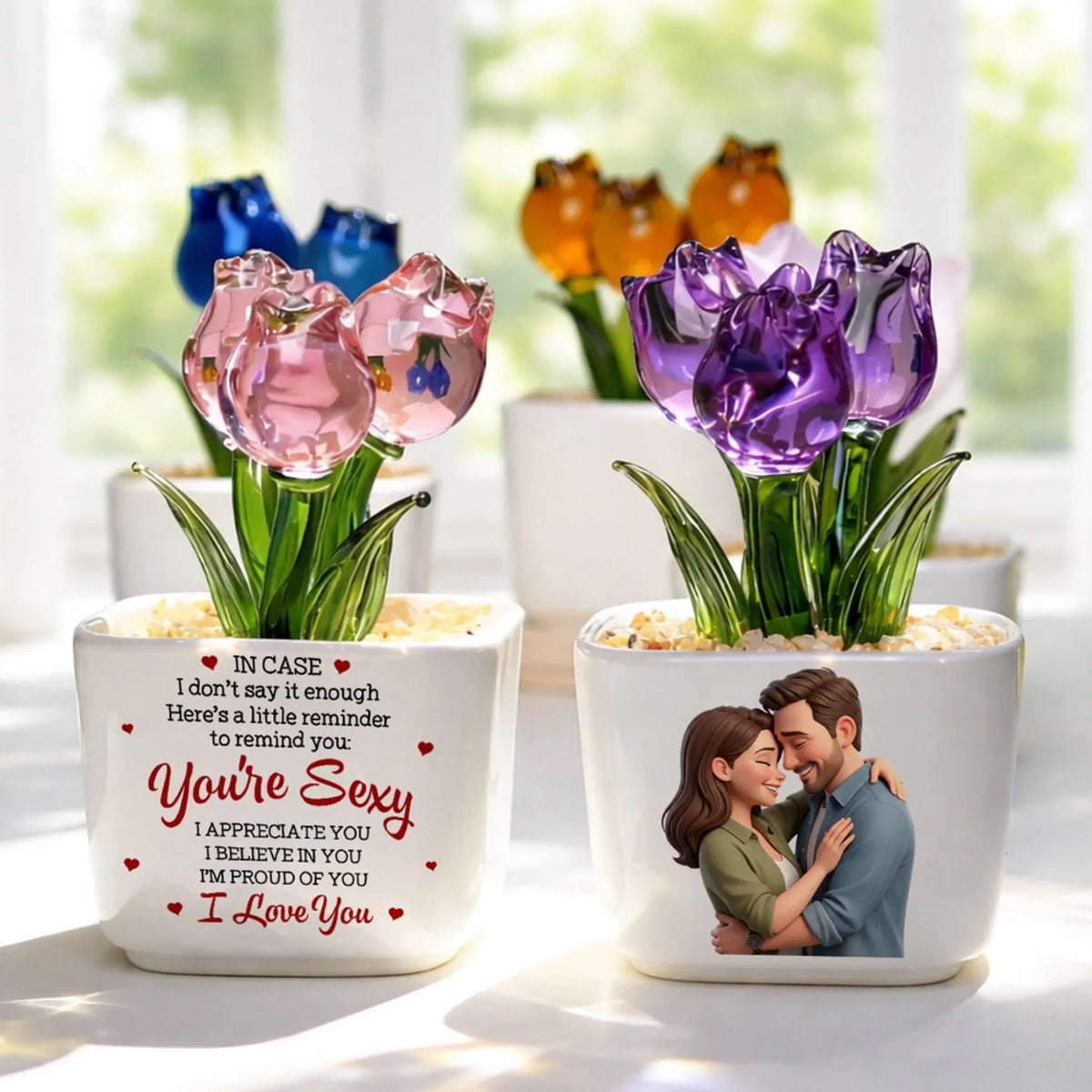 Custom Photo Glass Flower Keepsake, Romantic Anniversary Gift for Wife • My Favorite Human - Personalized Glass Everlasting Tulips